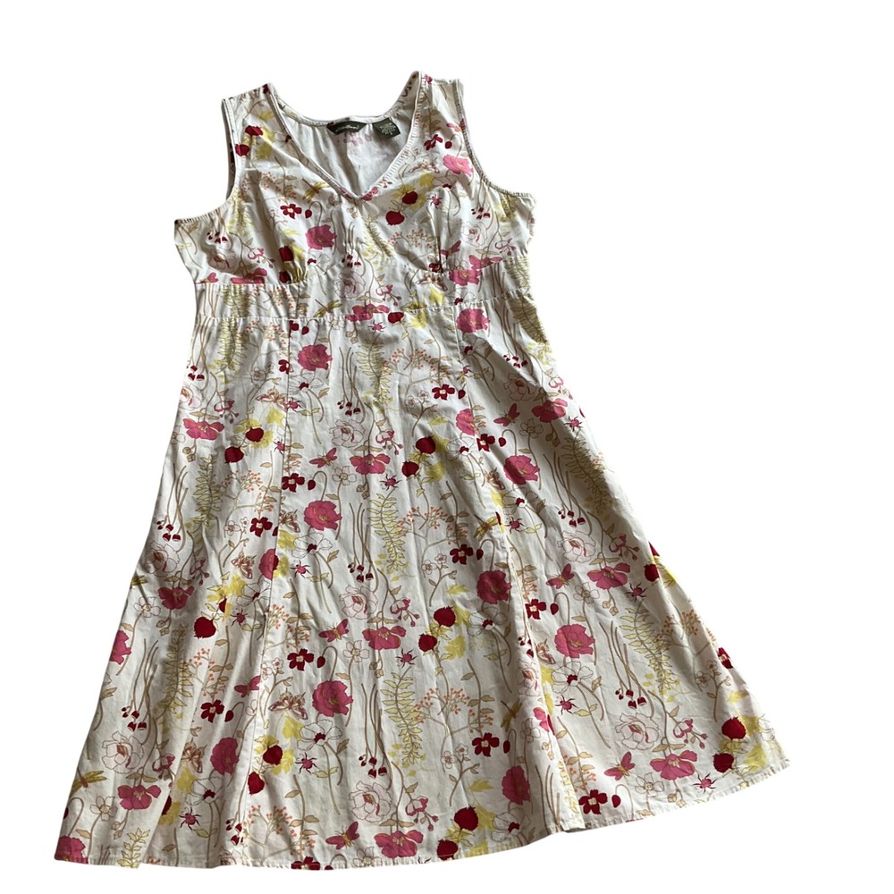 Eddie Bauer Floral Sleeveless Midi Dress Women 8 Petite‎ White Pink Cotton Blend
